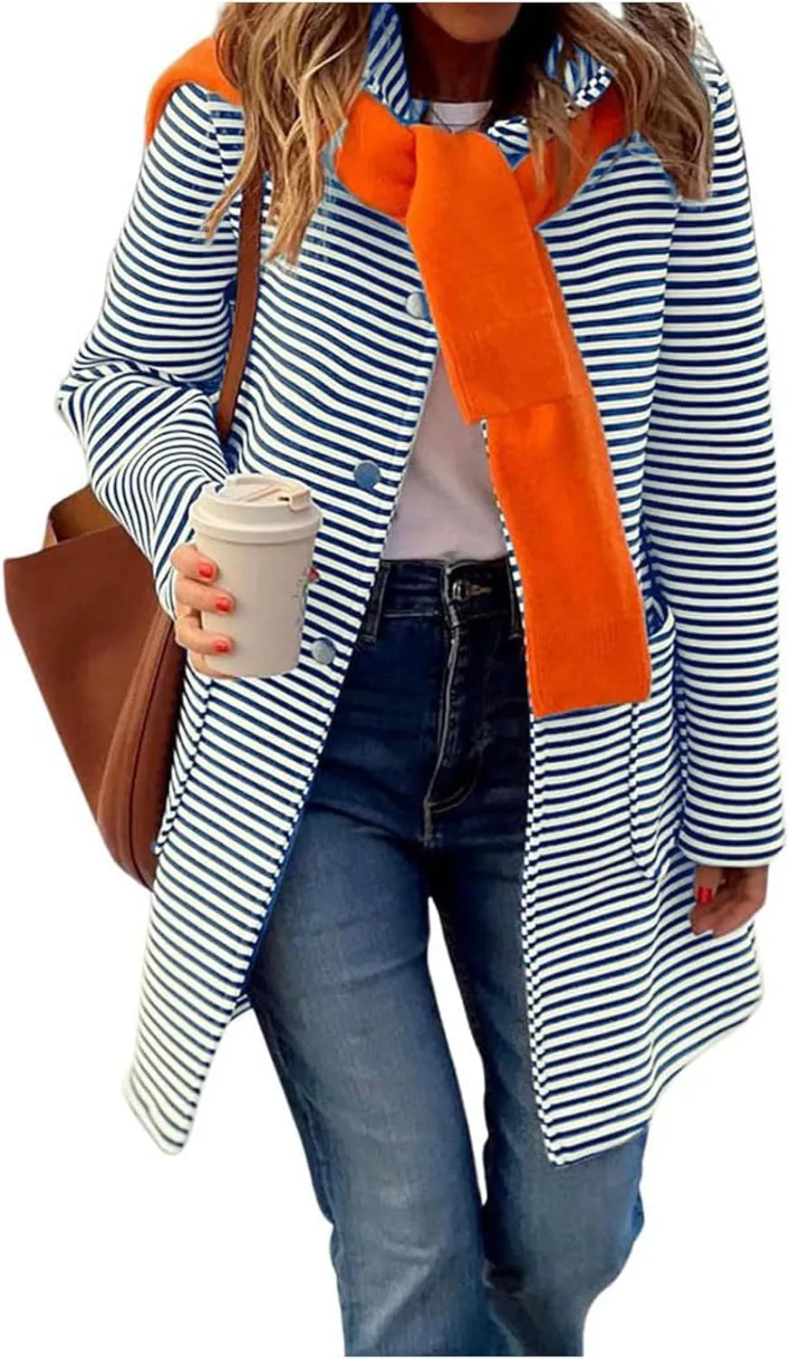 Womens Striped Cardigan Jacket with Hood Button Down Long Jackets Fashion Wool Blend Coat