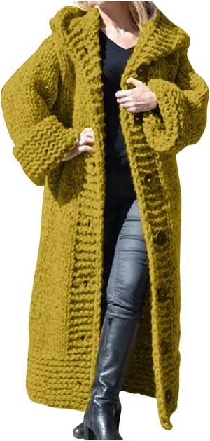 Womens Sweater Overcoats Full Size Solid Color Chunky Knitted Hoodie Long Cardigans Winter Longline Coats Jackets