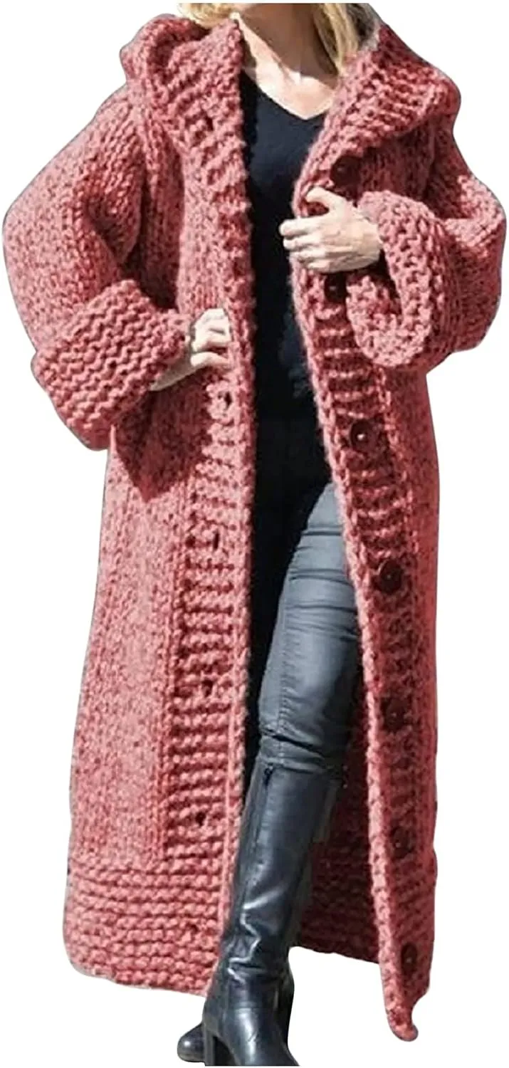 Womens Sweater Overcoats Full Size Solid Color Chunky Knitted Hoodie Long Cardigans Winter Longline Coats Jackets