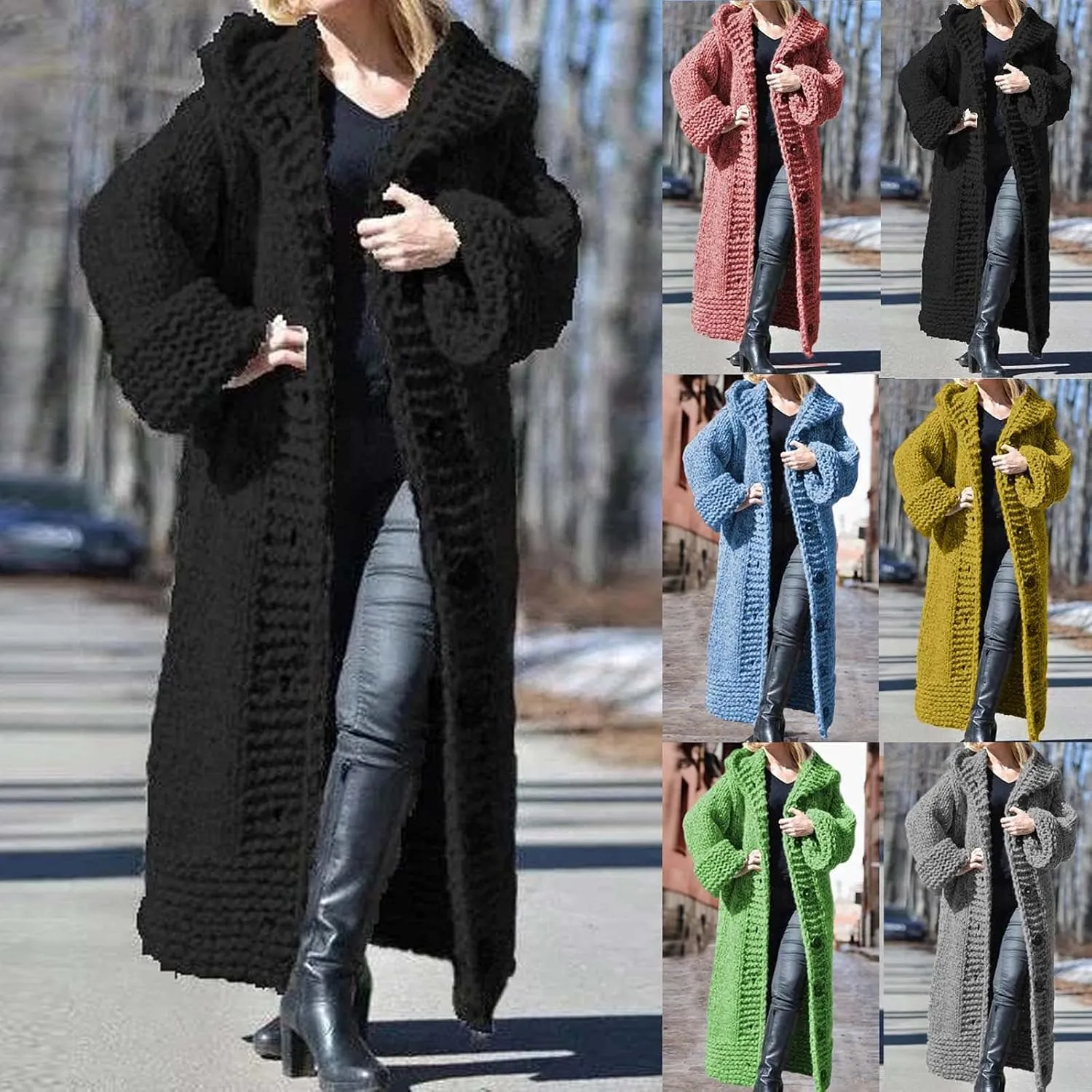 Womens Sweater Overcoats Full Size Solid Color Chunky Knitted Hoodie Long Cardigans Winter Longline Coats Jackets
