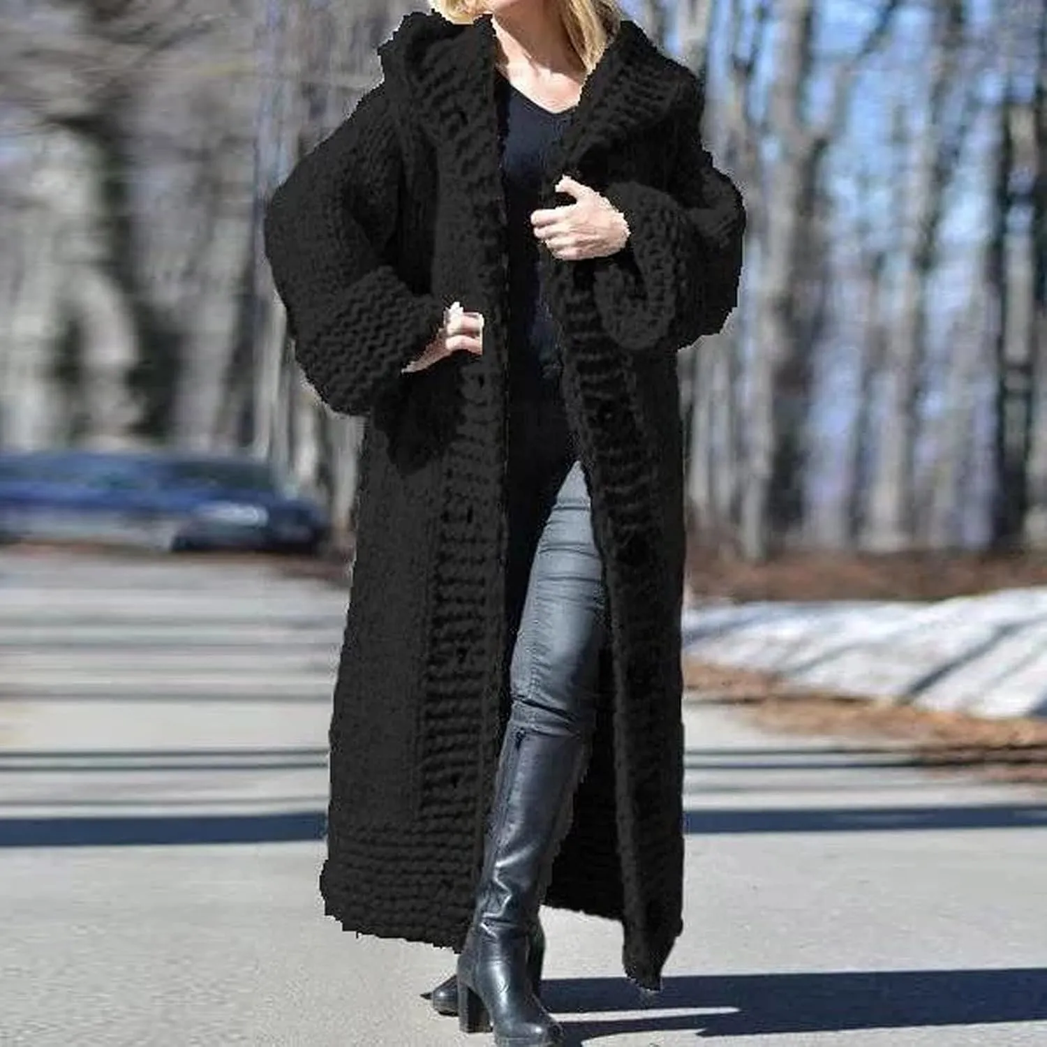 Womens Sweater Overcoats Full Size Solid Color Chunky Knitted Hoodie Long Cardigans Winter Longline Coats Jackets