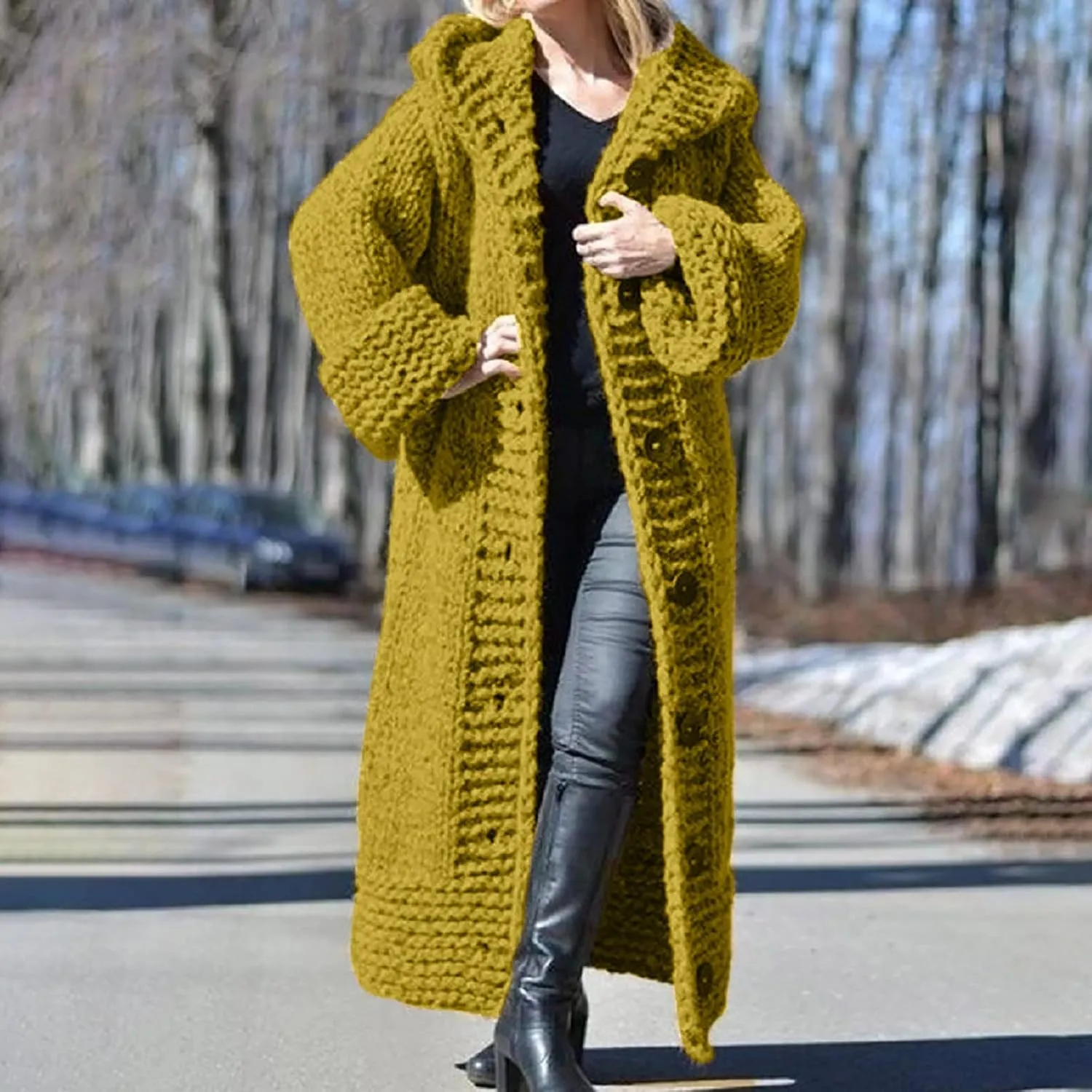 Womens Sweater Overcoats Full Size Solid Color Chunky Knitted Hoodie Long Cardigans Winter Longline Coats Jackets