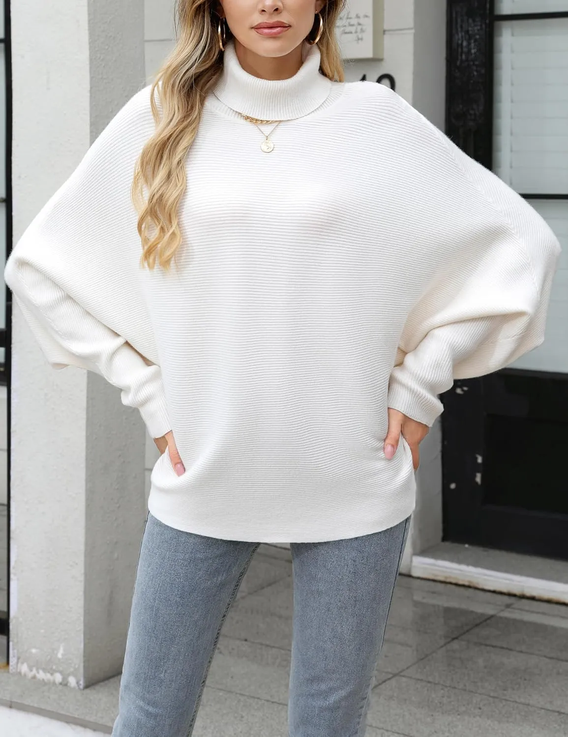 Womens Sweaters Turtleneck Plus Size Tops Batwing Sleeves Knitted Ribbed Fall Pullover(S-XL)