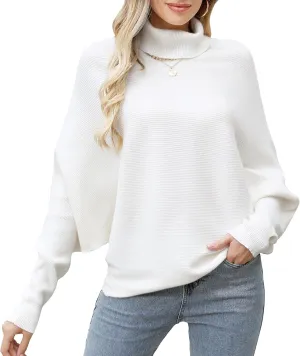 Womens Sweaters Turtleneck Plus Size Tops Batwing Sleeves Knitted Ribbed Fall Pullover(S-XL)