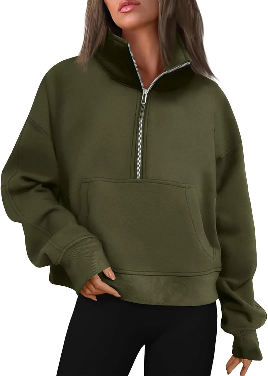 Women's Sweatshirts Half Zip Cropped Pullover Thumb Hole Fleece Quarter Zipper Hoodies Collared Sweaters With Pockets