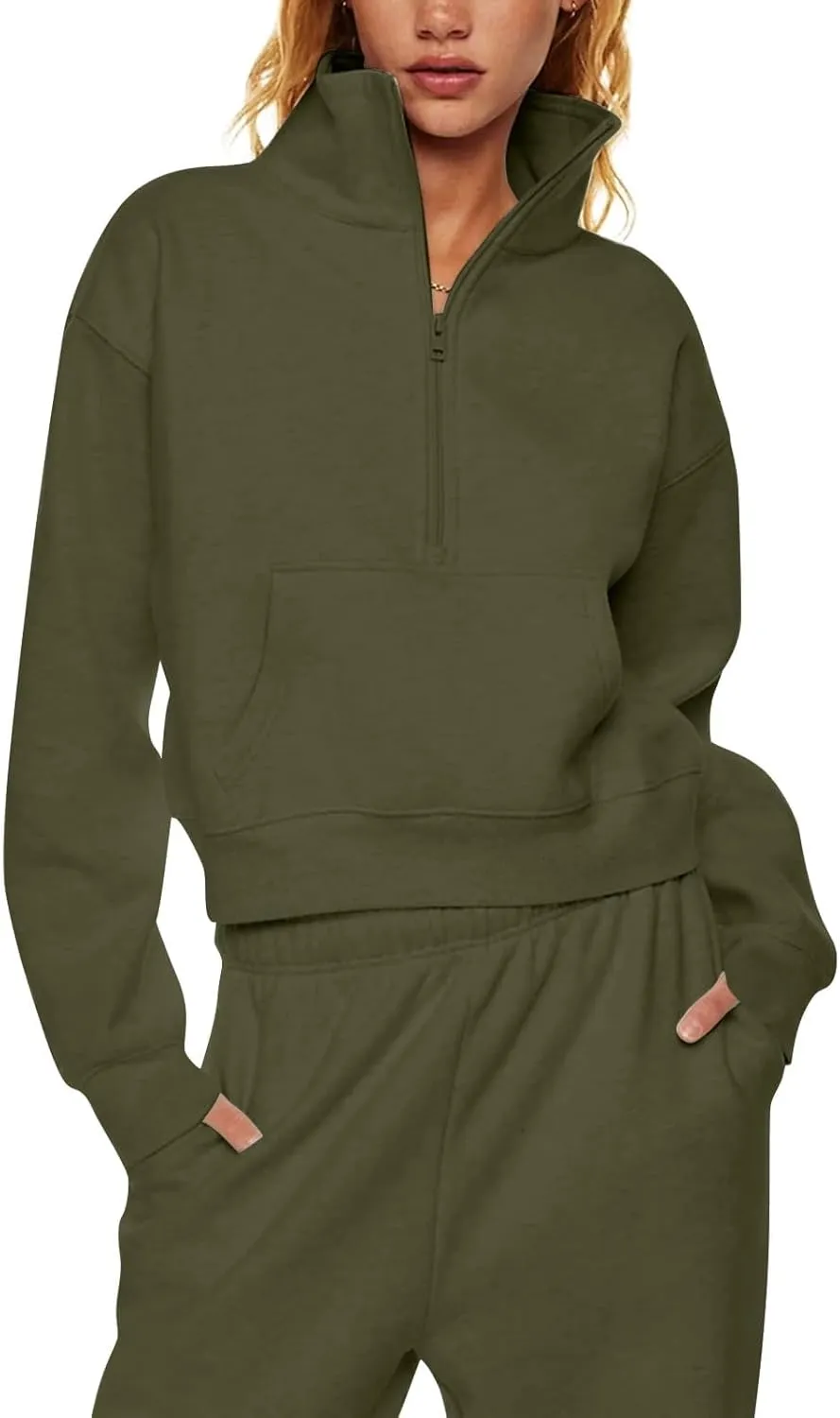 Women's Sweatshirts Half Zip Cropped Pullover Thumb Hole Fleece Quarter Zipper Hoodies Collared Sweaters With Pockets