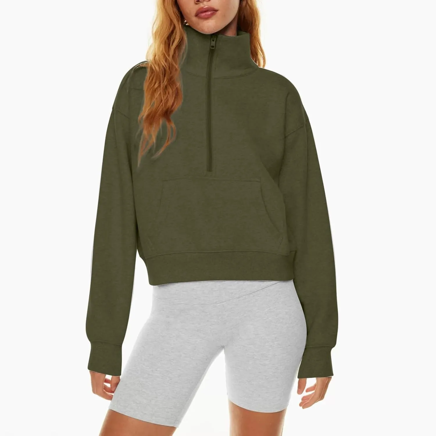 Women's Sweatshirts Half Zip Cropped Pullover Thumb Hole Fleece Quarter Zipper Hoodies Collared Sweaters With Pockets