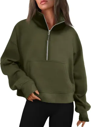 Women's Sweatshirts Half Zip Cropped Pullover Thumb Hole Fleece Quarter Zipper Hoodies Collared Sweaters With Pockets