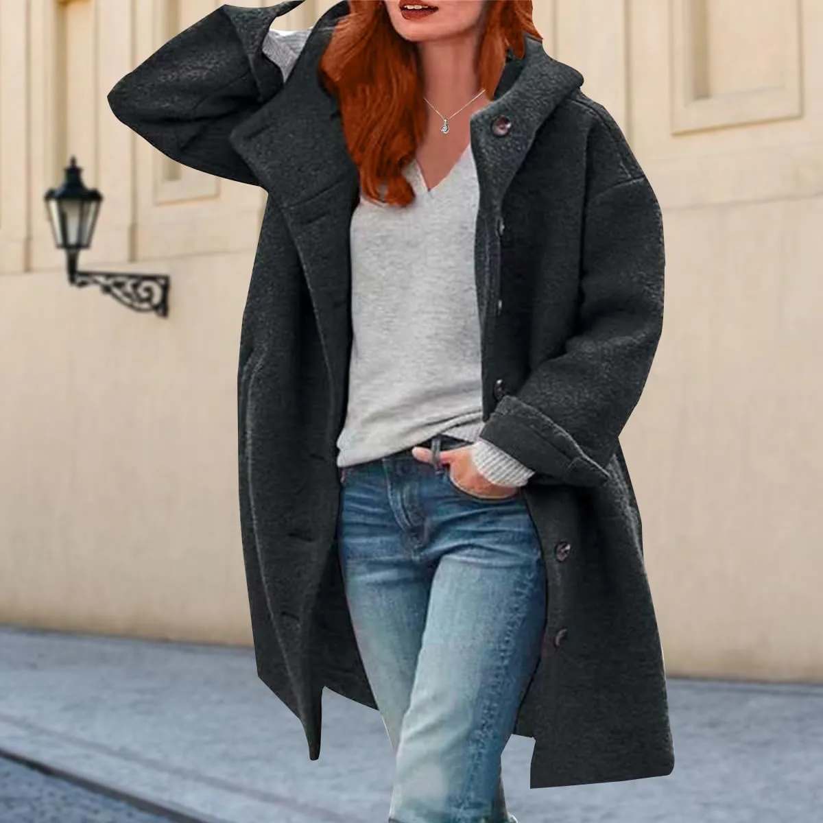 Women's Trench Pea Coats Winter Warm Wool Coats Oversized Mid Long Coat Casual Single Breasted Hooded Peacoats Pocket