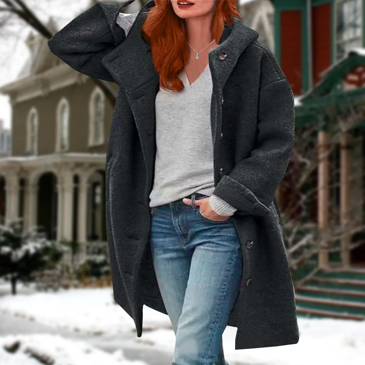 Women's Trench Pea Coats Winter Warm Wool Coats Oversized Mid Long Coat Casual Single Breasted Hooded Peacoats Pocket