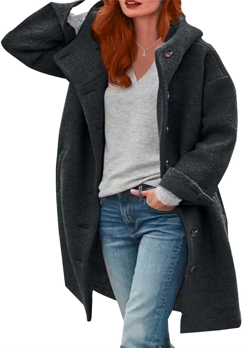 Women's Trench Pea Coats Winter Warm Wool Coats Oversized Mid Long Coat Casual Single Breasted Hooded Peacoats Pocket