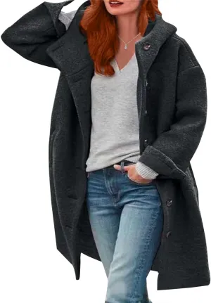 Women's Trench Pea Coats Winter Warm Wool Coats Oversized Mid Long Coat Casual Single Breasted Hooded Peacoats Pocket