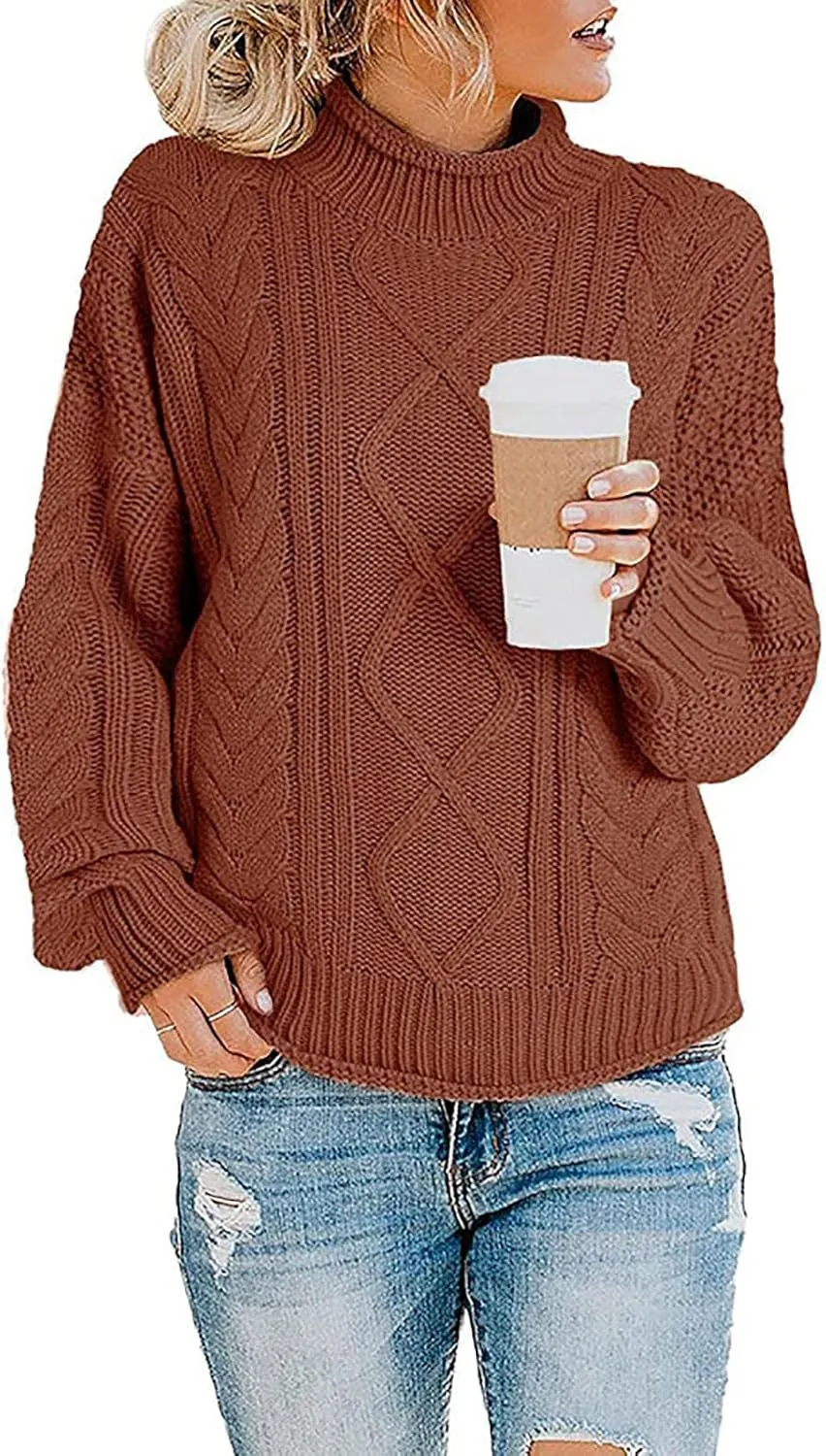 Women's Turtleneck Long Sleeve Loose Oversized Chunky Knitted Pullover Sweater Jumper Tops Fall Casual Solid Sweaters