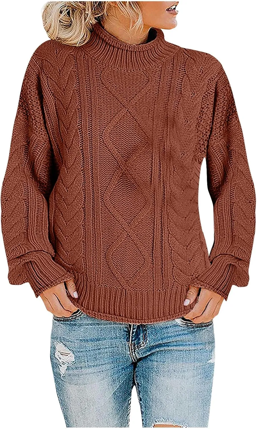 Women's Turtleneck Long Sleeve Loose Oversized Chunky Knitted Pullover Sweater Jumper Tops Fall Casual Solid Sweaters