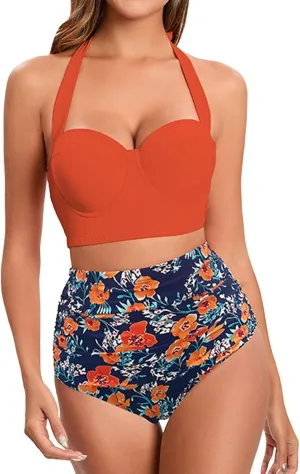 Womens Vintage Polka Underwire High Waisted Swimsuit Flattering Two Piece Swimsuits Floral Bikini Sets Retro Bathing Suits