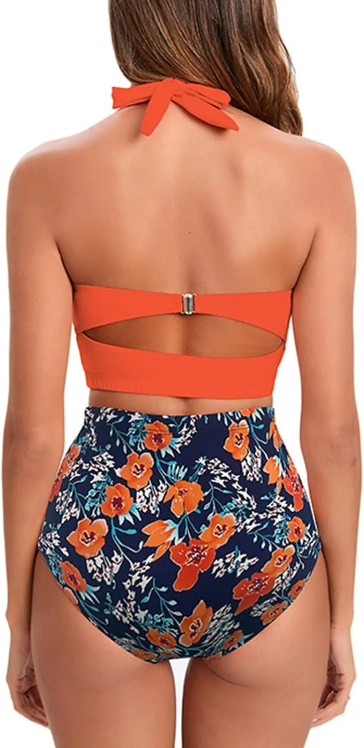 Womens Vintage Polka Underwire High Waisted Swimsuit Flattering Two Piece Swimsuits Floral Bikini Sets Retro Bathing Suits