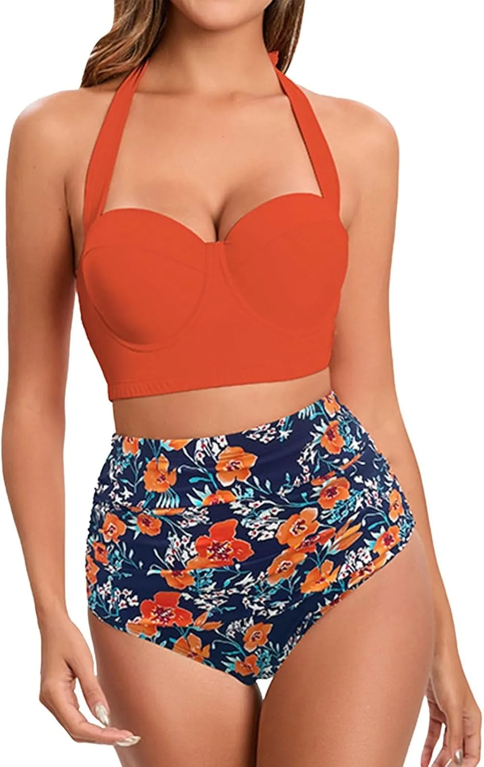 Womens Vintage Polka Underwire High Waisted Swimsuit Flattering Two Piece Swimsuits Floral Bikini Sets Retro Bathing Suits