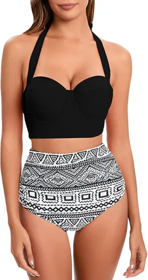 Womens Vintage Polka Underwire High Waisted Swimsuit Flattering Two Piece Swimsuits Floral Bikini Sets Retro Bathing Suits