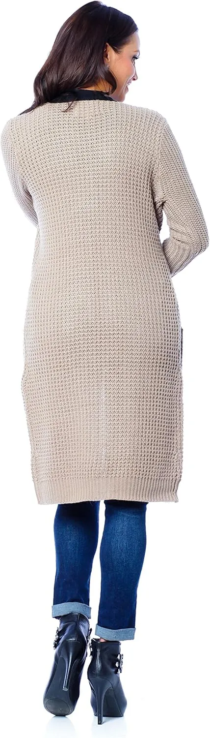 Women's Waffle Knit Longline Maxi Cardigan Jackets with Pockets Coats