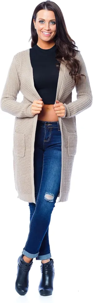 Women's Waffle Knit Longline Maxi Cardigan Jackets with Pockets Coats