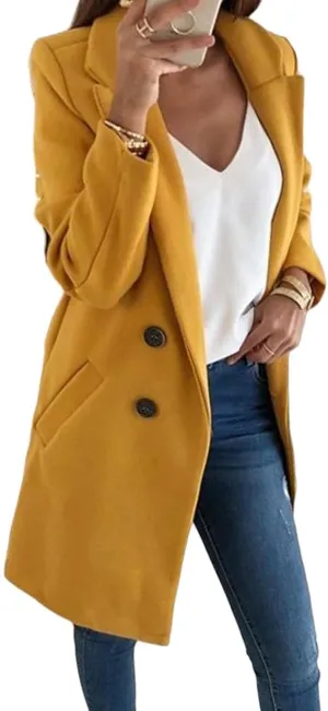 Womens Warm Winter Coat Double-Breasted Wool Blend Peacoat Fashion Notched Collar Overcoat