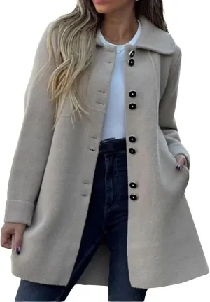 Women's Winter Casual Lapel Collared Pea Coat Single Breasted Wool Elegant Wool Blend Overcoat