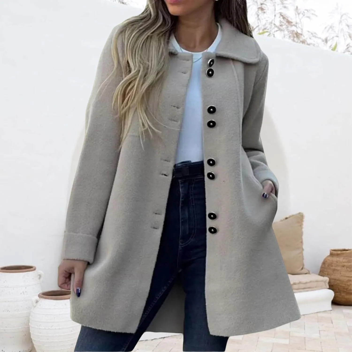 Women's Winter Casual Lapel Collared Pea Coat Single Breasted Wool Elegant Wool Blend Overcoat