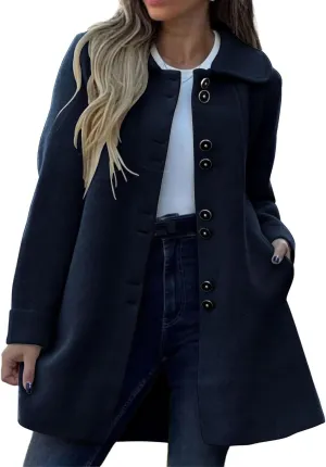 Women's Winter Casual Lapel Collared Pea Coat Single Breasted Wool Elegant Wool Blend Overcoat