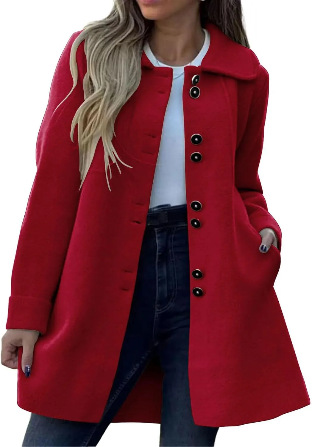 Women's Winter Casual Lapel Collared Pea Coat Single Breasted Wool Elegant Wool Blend Overcoat