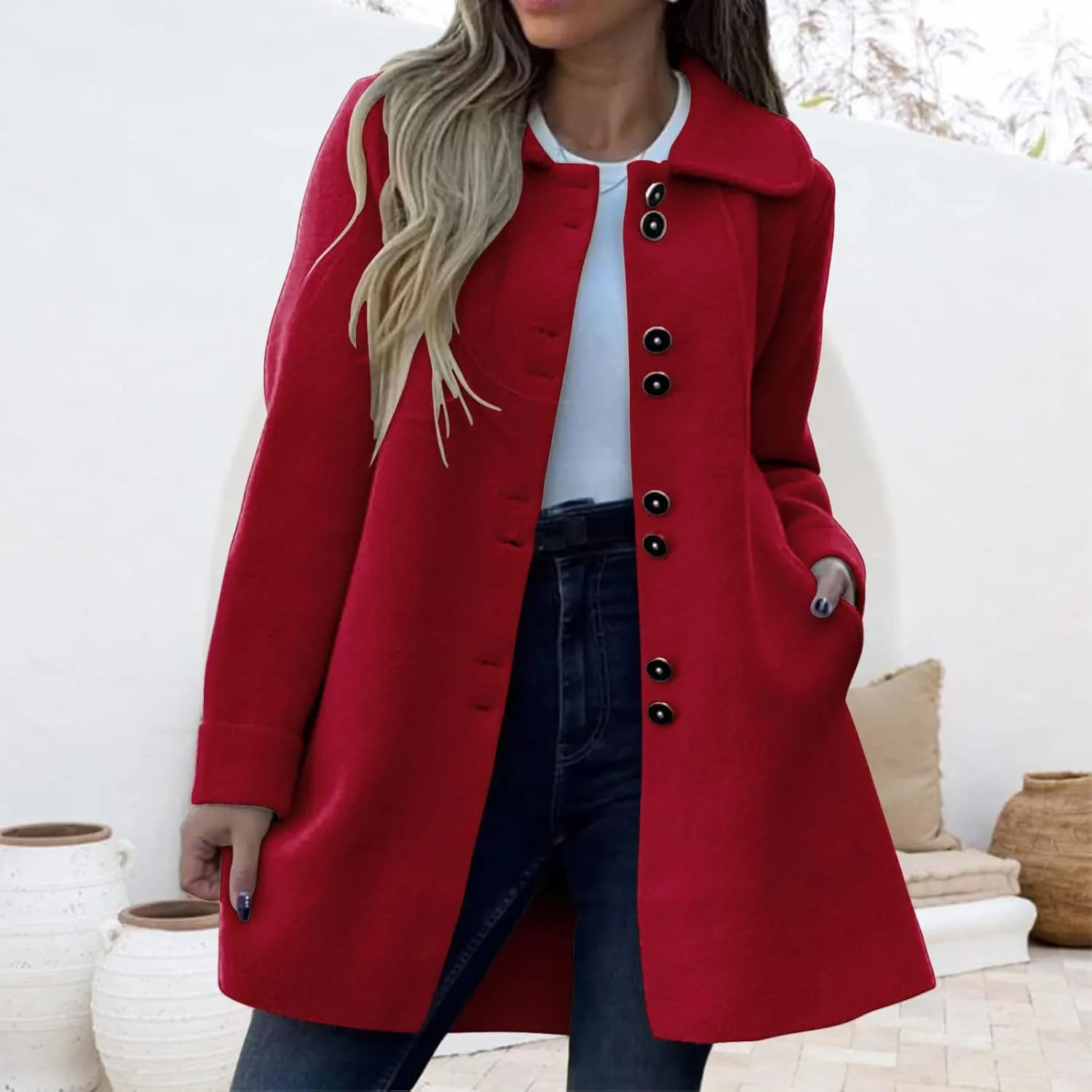Women's Winter Casual Lapel Collared Pea Coat Single Breasted Wool Elegant Wool Blend Overcoat