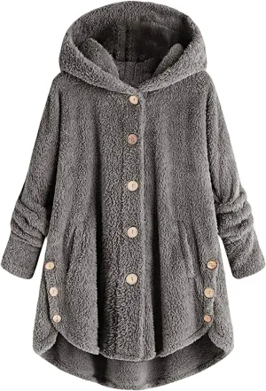 Womens Winter Coats Oversized Fleece Hooded Coat Casual Loose Button Cardigan Jackets Warm Pajama Outdoor
