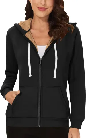 Womens Winter Coats Sherpa Lined Black Hoodie Cozy Fleece Jacket Zip Up Sweatshirts Winter Warm Fluffy Hooded Outerwear