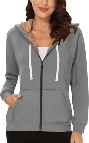 Womens Winter Coats Sherpa Lined Black Hoodie Cozy Fleece Jacket Zip Up Sweatshirts Winter Warm Fluffy Hooded Outerwear