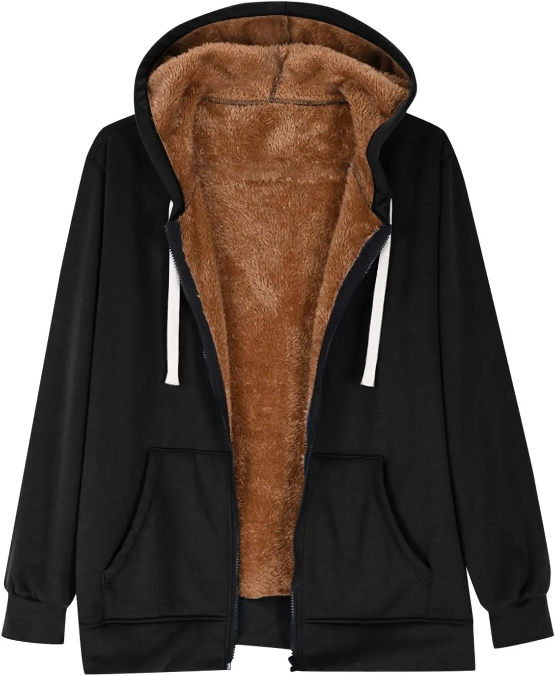 Womens Winter Coats Sherpa Lined Black Hoodie Cozy Fleece Jacket Zip Up Sweatshirts Winter Warm Fluffy Hooded Outerwear