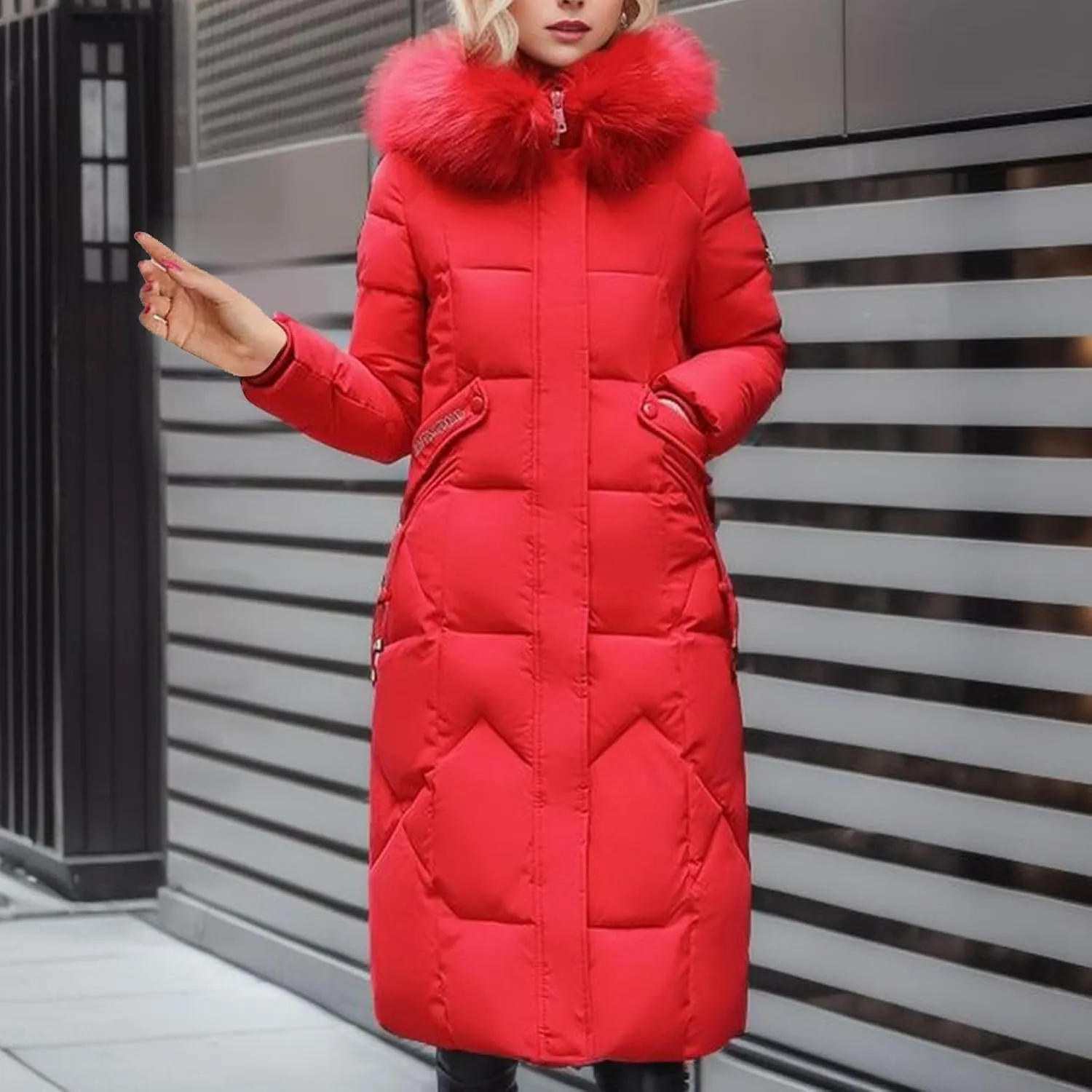 Women's Winter Long Coats Puffer Down Quilted Jackets Long Sleeve Full Zip Faux Fur Hood Padded Outerwear
