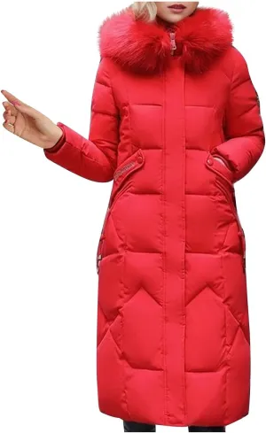 Women's Winter Long Coats Puffer Down Quilted Jackets Long Sleeve Full Zip Faux Fur Hood Padded Outerwear