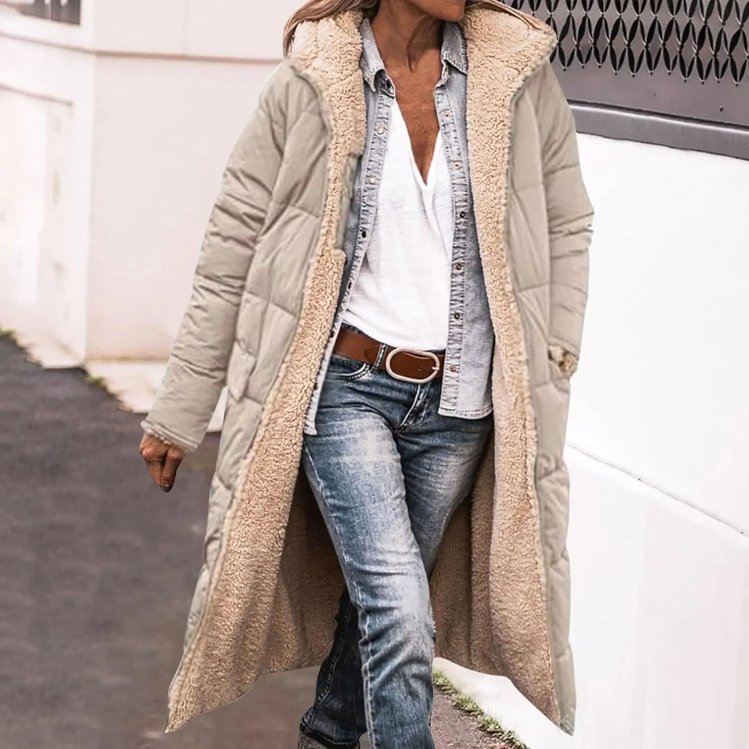 Womens Winter Maxi Long Parka Coats Puffer Down Quilted Jacket Shearling Fleece Warm Thickened Outerwear