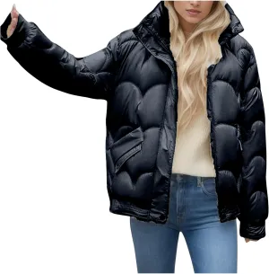 Women's Winter Stand Collar Coat Puffer Jacket Baggy Short Padded Down Coats Long Sleeve Full Zip Quilted Jackets
