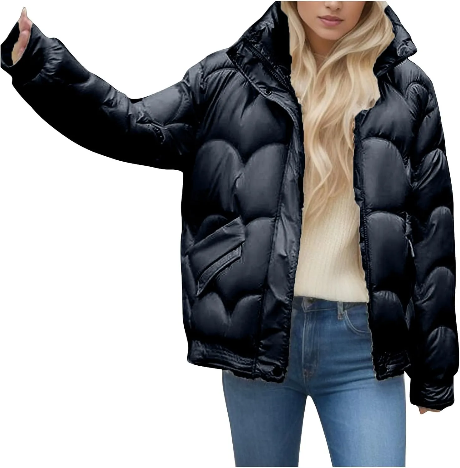Women's Winter Stand Collar Coat Puffer Jacket Baggy Short Padded Down Coats Long Sleeve Full Zip Quilted Jackets