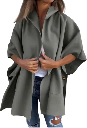 Womens Winter Trench Coat Oversized Wool Blend Jacket Warm Thick Jacket Peacoat Plus Size Batwing Sleeve Cardigan
