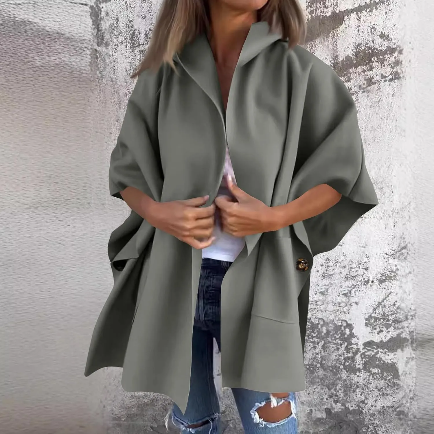 Womens Winter Trench Coat Oversized Wool Blend Jacket Warm Thick Jacket Peacoat Plus Size Batwing Sleeve Cardigan