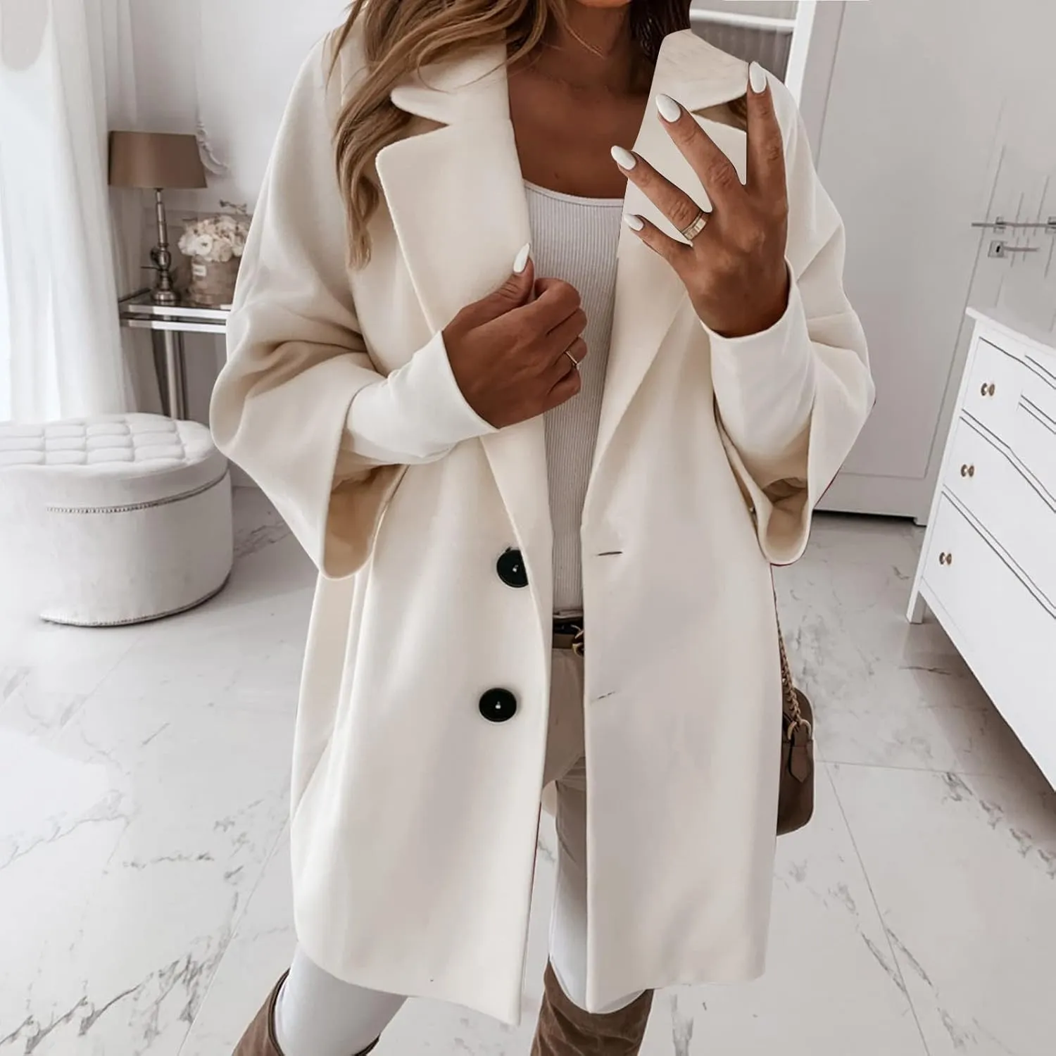 Women's Winter Wool Blend Coat Notch Lapel Double Breasted Jackets Oversized Loose Fit Warm Coats Mid-Long Outerwear