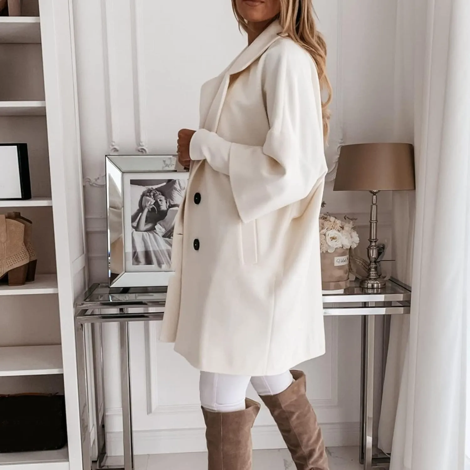 Women's Winter Wool Blend Coat Notch Lapel Double Breasted Jackets Oversized Loose Fit Warm Coats Mid-Long Outerwear