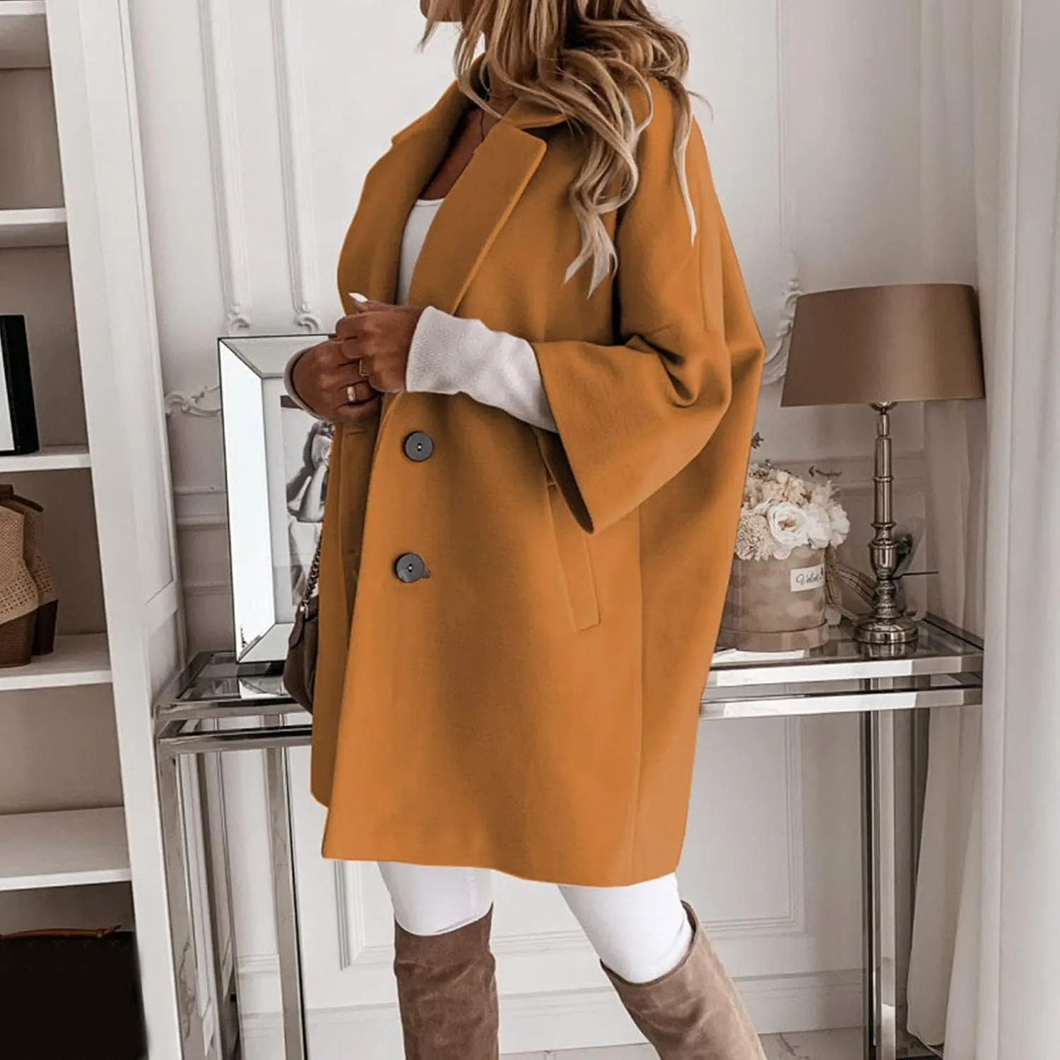 Women's Winter Wool Blend Coat Notch Lapel Double Breasted Jackets Oversized Loose Fit Warm Coats Mid-Long Outerwear