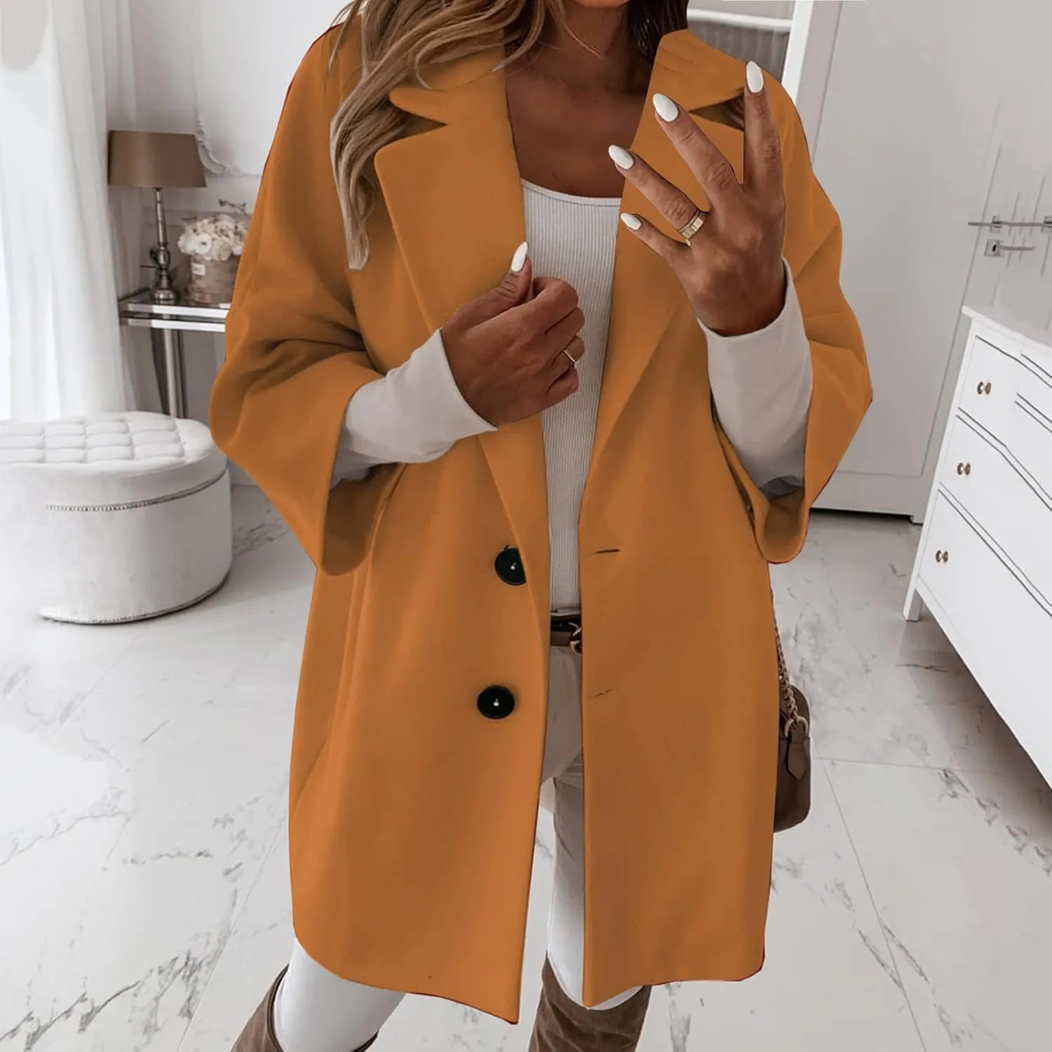 Women's Winter Wool Blend Coat Notch Lapel Double Breasted Jackets Oversized Loose Fit Warm Coats Mid-Long Outerwear