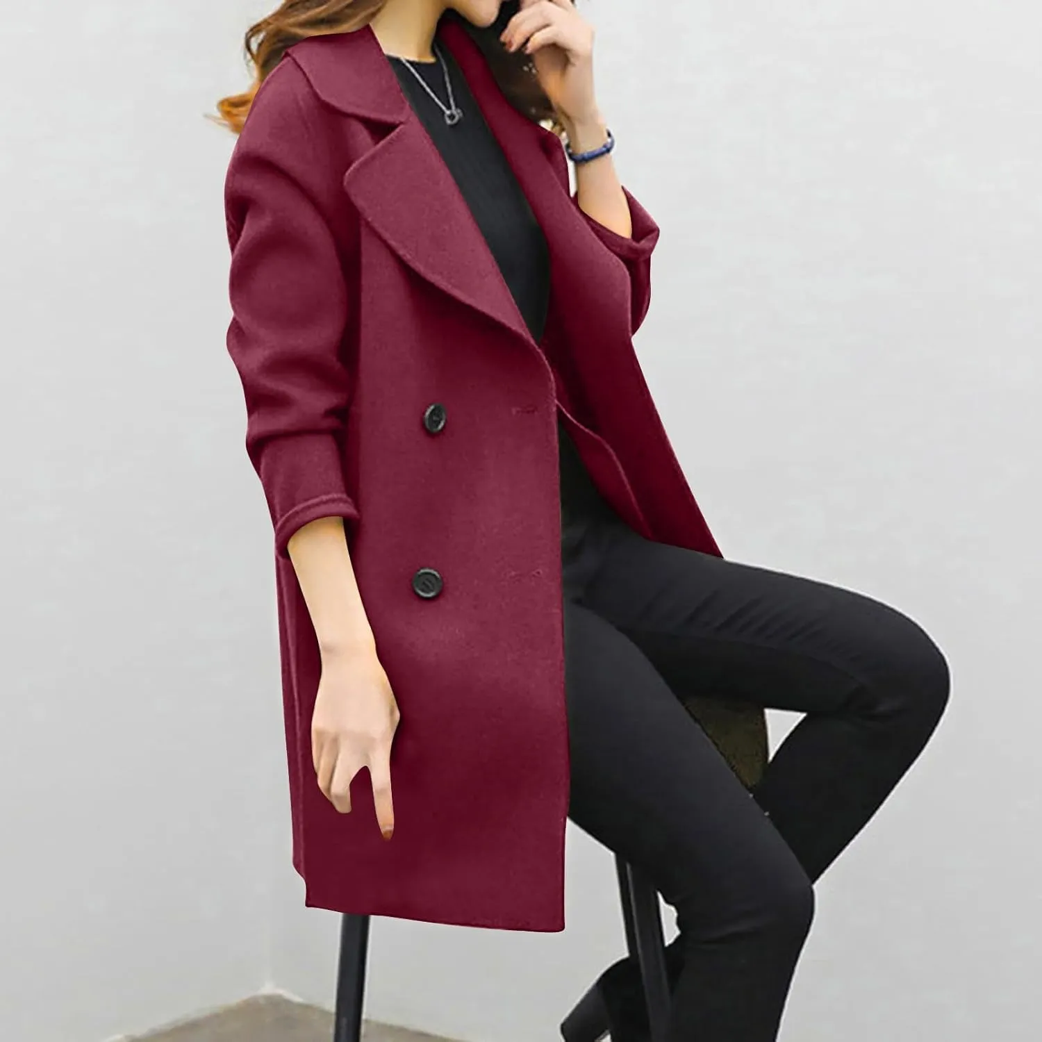 Womens Wool Blend Coat Double Breasted Long Trench Coat Elegant Notch Lapel Work Office Comfy Slim Fit Jackets