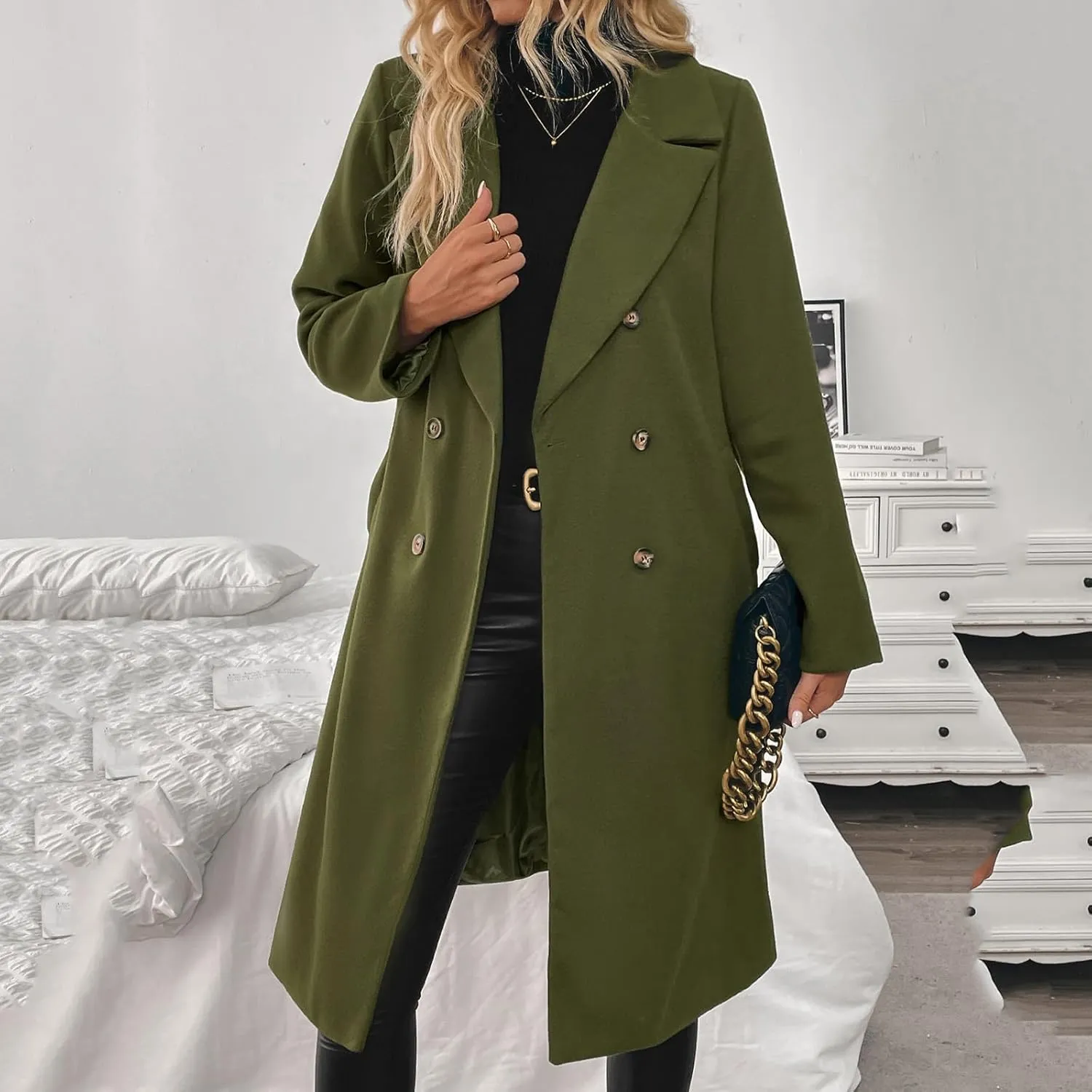 Women's Wool Blend Coat Fall Winter Trendy Lapel Button Up Long Jacket Elegant Wool Blend Over Coats Jackets