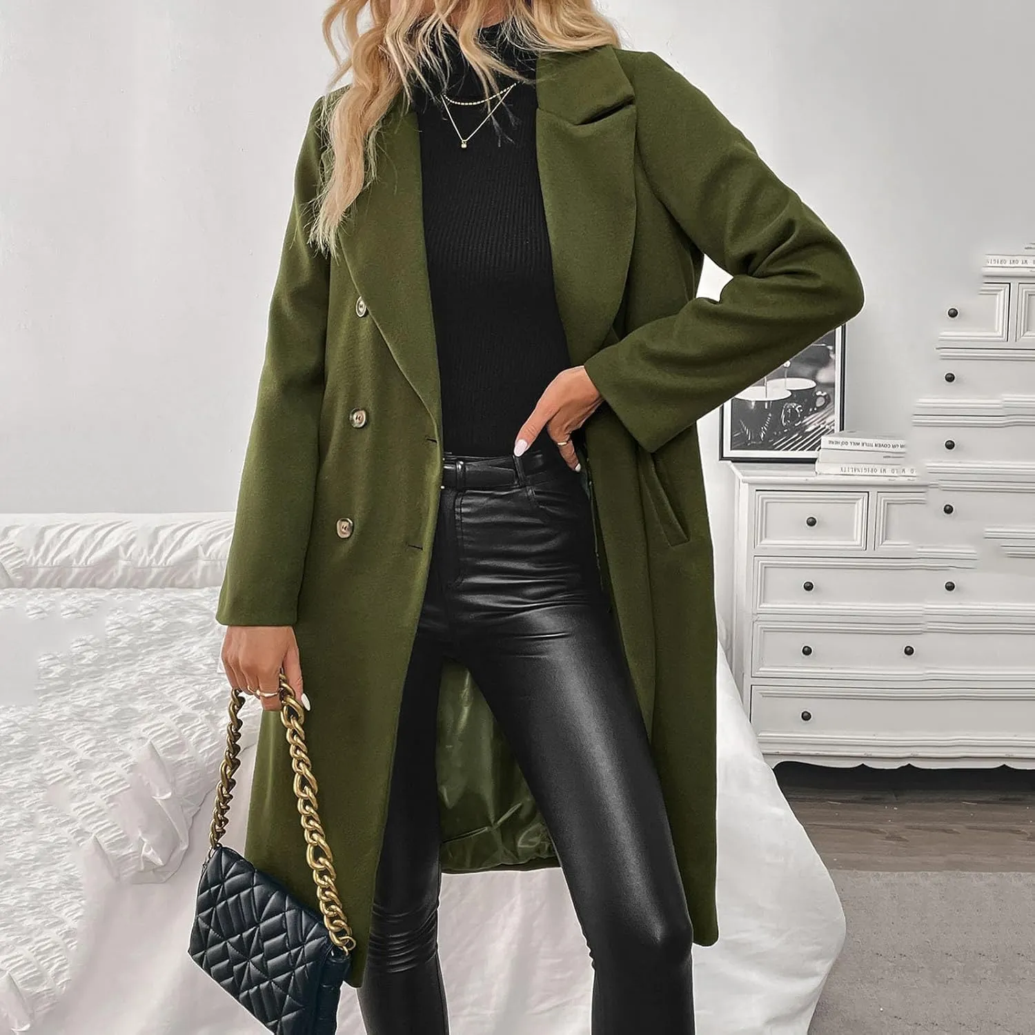 Women's Wool Blend Coat Fall Winter Trendy Lapel Button Up Long Jacket Elegant Wool Blend Over Coats Jackets
