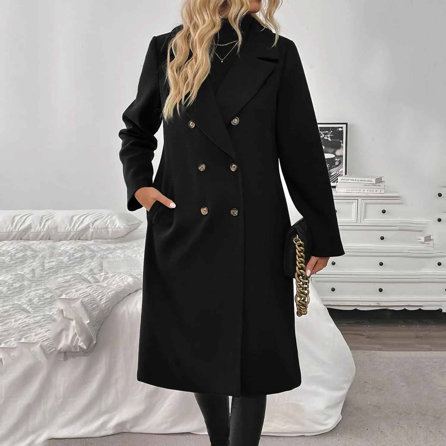 Women's Wool Blend Coat Fall Winter Trendy Lapel Button Up Long Jacket Elegant Wool Blend Over Coats Jackets