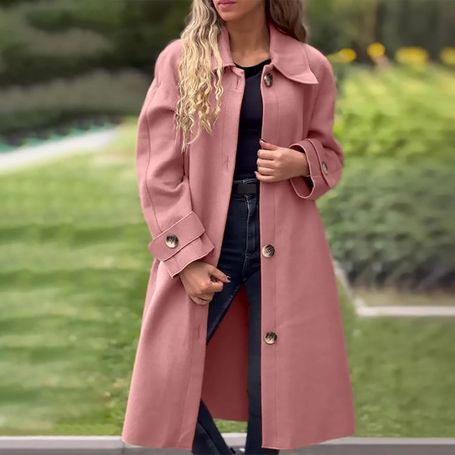 Women's Wool Blend Lapel Collar Double Breasted Coats Winter Pea Overcoat Pocketed Outwear